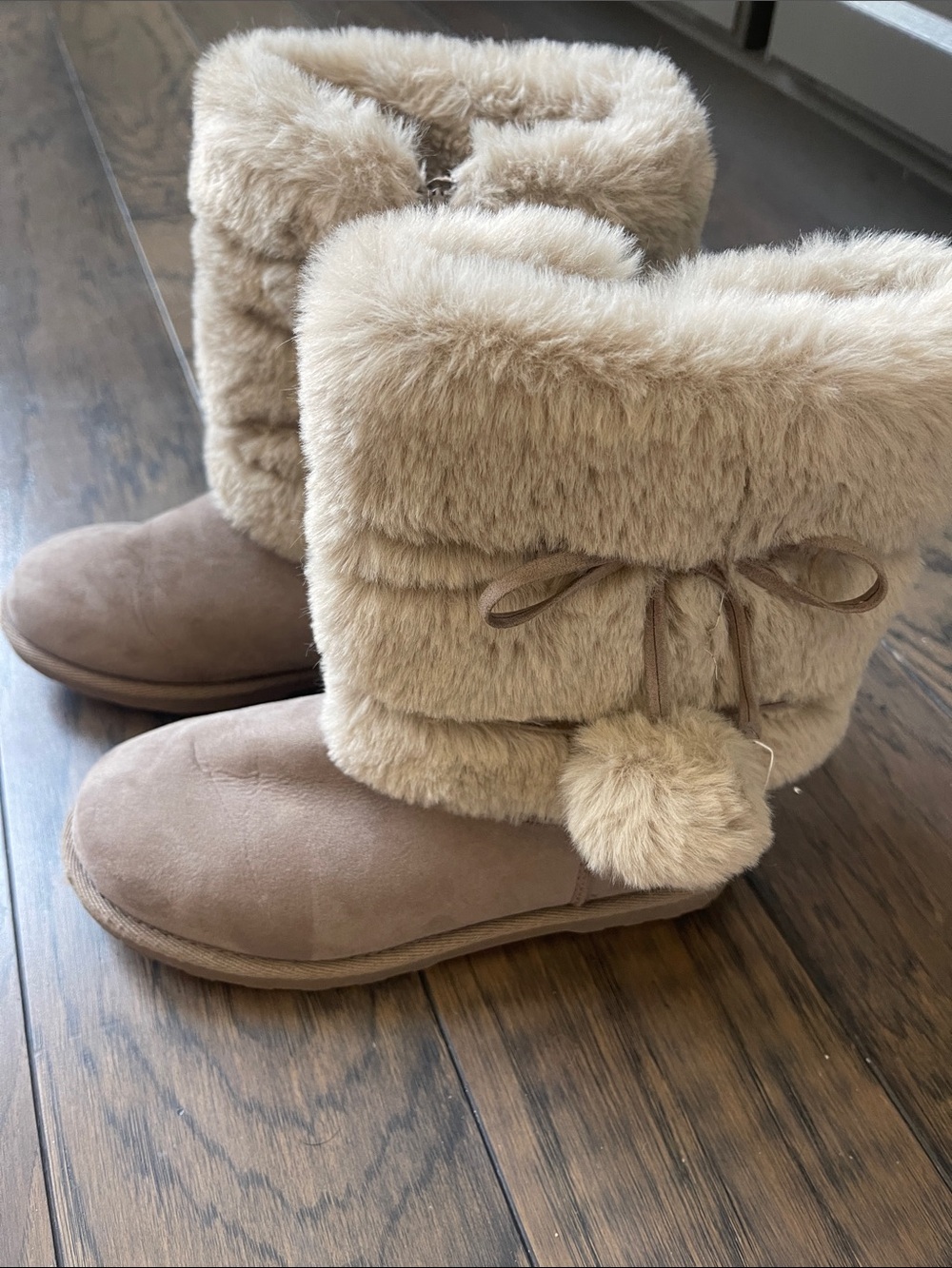 Plush Faux-Fur Pom Boot Slippers - Taupe